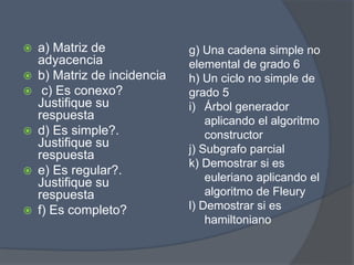  a) Matriz de
adyacencia
 b) Matriz de incidencia
 c) Es conexo?
Justifique su
respuesta
 d) Es simple?.
Justifique su
respuesta
 e) Es regular?.
Justifique su
respuesta
 f) Es completo?
g) Una cadena simple no
elemental de grado 6
h) Un ciclo no simple de
grado 5
i) Árbol generador
aplicando el algoritmo
constructor
j) Subgrafo parcial
k) Demostrar si es
euleriano aplicando el
algoritmo de Fleury
l) Demostrar si es
hamiltoniano
 