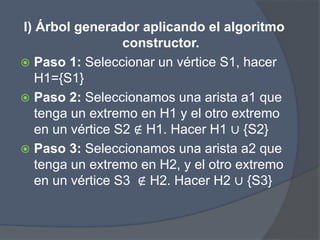I) Árbol generador aplicando el algoritmo
constructor.
 Paso 1: Seleccionar un vértice S1, hacer
H1={S1}
 Paso 2: Seleccionamos una arista a1 que
tenga un extremo en H1 y el otro extremo
en un vértice S2 ∉ H1. Hacer H1 ∪ {S2}
 Paso 3: Seleccionamos una arista a2 que
tenga un extremo en H2, y el otro extremo
en un vértice S3 ∉ H2. Hacer H2 ∪ {S3}
 