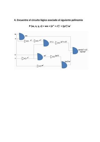 4. Encuentre el circuito lógico asociado al siguiente polinomio
P (w, x, y, z) = wx + (x’’ + z’)´ + (yz’)´w´
 