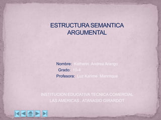 ESTRUCTURA SEMANTICA ARGUMENTAL  Nombre:  Katherin  Andrea Arango                       Grado:  10-4 Profesora:  Luz Karime  Manrrique INSTITUCION EDUCATIVA TECNICA COMERCIAL  LAS AMERICAS . ATANASIO GIRARDOT   