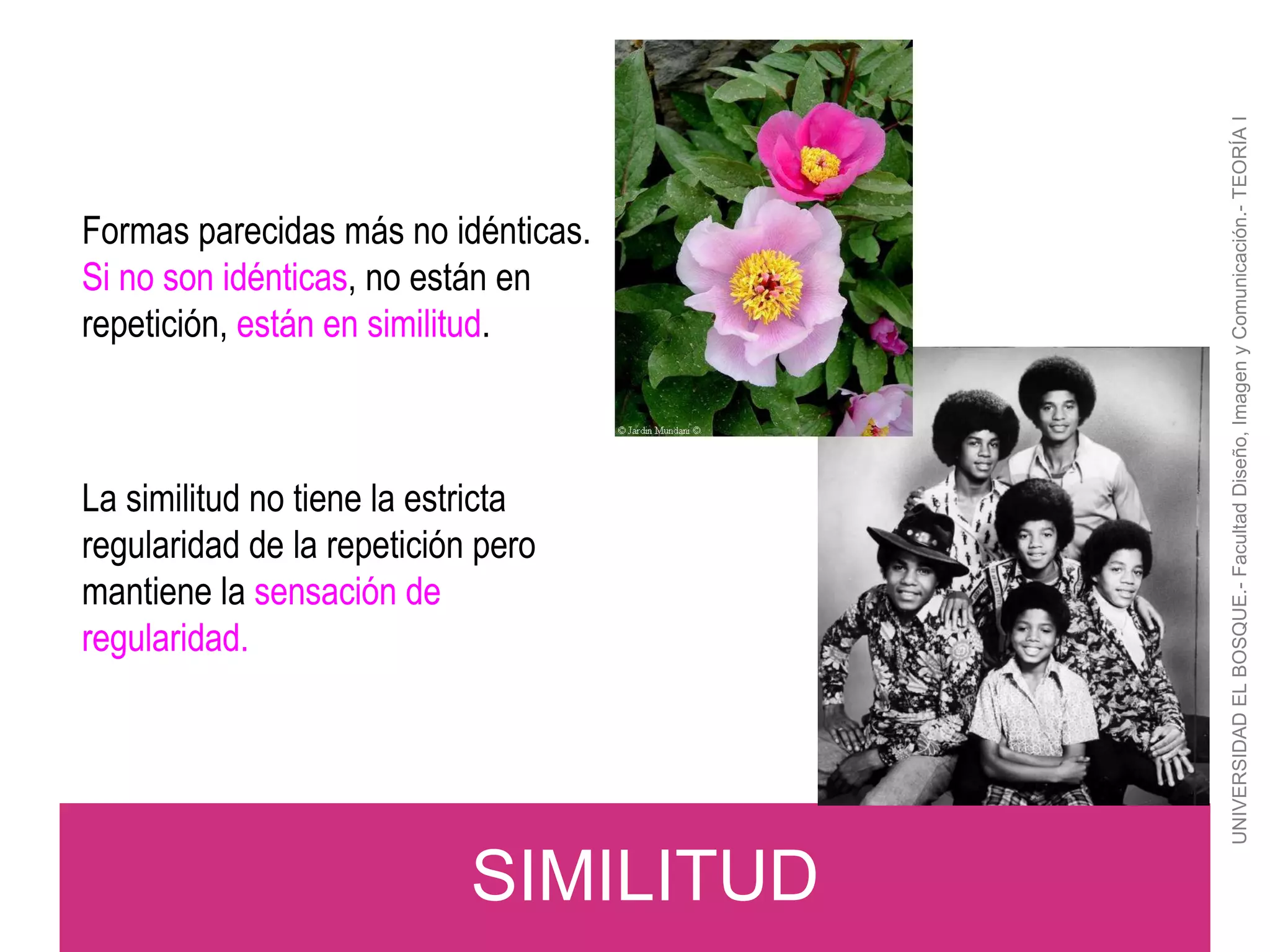 UNIVERSIDAD EL BOSQUE.- Facultad Diseño, Imagen y Comunicación.- TEORÍA I SIMILITUD Formas parecidas más no idénticas. Si no son idénticas , no están en repetición,  están en similitud . La similitud no tiene la estricta regularidad de la repetición pero mantiene la  sensación de regularidad. 