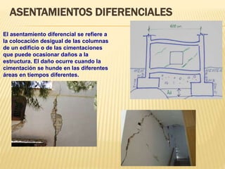 ASENTAMIENTOS DIFERENCIALES
El asentamiento diferencial se refiere a
la colocación desigual de las columnas
de un edificio o de las cimentaciones
que puede ocasionar daños a la
estructura. El daño ocurre cuando la
cimentación se hunde en las diferentes
áreas en tiempos diferentes.
 