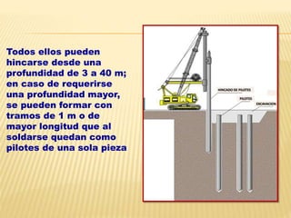 Todos ellos pueden
hincarse desde una
profundidad de 3 a 40 m;
en caso de requerirse
una profundidad mayor,
se pueden formar con
tramos de 1 m o de
mayor longitud que al
soldarse quedan como
pilotes de una sola pieza
 