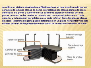 se utilizo un sistema de Aisladores Elastoméricos, el cual está formado por un
conjunto de láminas planas de goma intercaladas por placas planas de acero
adheridas a la goma y cubierto en sus extremos superior e inferior por dos
placas de acero en las cuales se conecta con la superestructura en su parte
superior y la fundación por pilotes en su parte inferior. Entre las placas planas
de acero, la lámina de goma puede deformarse en un plano horizontal y de esta
manera permitir el desplazamiento horizontal de la estructura relativo al suelo.
 