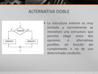 ALTERNATIVA DOBLE
 La estructura anterior es muy
limitada y normalmente se
necesitara una estructura que
permita elegir entre dos
opciones o alternativas
posibles, en función del
cumplimiento o no de una
determinada condición .
 