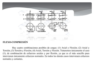 FLEXO-COMPRESIÓN
Hay cuatro combinaciones posibles de cargas: (1) Axial y Flexión; (2) Axial y
Torsión; (3) Torsión y Flexión; (4) Axial, Torsión y Flexión. Trataremos únicamente el caso
(1), de combinación de esfuerzos axiales y por flexión, ya que es el más sencillo pues
intervienen únicamente esfuerzos normales. En todos los demás casos intervienen esfuerzos
normales y cortantes.
 