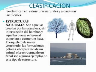 CLASIFICACION
 Se clasifican en: estructuras naturales y estructuras
 artificiales.
 ESTRUCTURAS
 NATURALES: Son aquellas
 creadas por la naturaleza, sin
 intervención del hombre, y
 aquellas que se refieren al
 esqueleto o estructura ósea.
 El esqueleto de un ser
 vertebrado, las formaciones
 pétreas, el caparazón de un
 animal o la estructura de un
 árbol son algunos ejemplos de
 este tipo de estructura.
 
