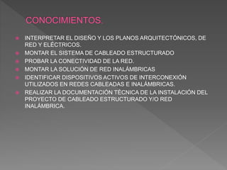  INTERPRETAR EL DISEÑO Y LOS PLANOS ARQUITECTÓNICOS, DE
RED Y ELÉCTRICOS.
 MONTAR EL SISTEMA DE CABLEADO ESTRUCTURADO
 PROBAR LA CONECTIVIDAD DE LA RED.
 MONTAR LA SOLUCIÓN DE RED INALÁMBRICAS
 IDENTIFICAR DISPOSITIVOS ACTIVOS DE INTERCONEXIÓN
UTILIZADOS EN REDES CABLEADAS E INALÁMBRICAS.
 REALIZAR LA DOCUMENTACIÓN TÉCNICA DE LA INSTALACIÓN DEL
PROYECTO DE CABLEADO ESTRUCTURADO Y/O RED
INALÁMBRICA.
 