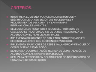  INTERPRETA EL DISEÑO, PLANOS ARQUITECTÓNICOS Y
ELÉCTRICOS DE LA RED SEGÚN LAS NECESIDADES Y
REQUERIMIENTOS DEL CLIENTE Y LAS NORMAS
INTERNACIONALES VIGENTES.
 SELECCIONA LOS RECURSOS FÍSICOS DEL PROYECTO DE
CABLEADO ESTRUCTURADO Y/O DE LA RED INALÁMBRICA DE
ACUERDO CON EL PLAN DE ACTIVIDADES.
 IMPLEMENTA SOLUCIONES DE CABLEADO ESTRUCTURADO EN
REDES DE ACUERDO CON EL DISEÑO ESTABLECIDO.
 IMPLEMENTA SOLUCIONES DE REDES INALÁMBRICAS DE ACUERDO
CON EL DISEÑO ESTABLECIDO.
 ELABORA LA DOCUMENTACIÓN TÉCNICA DE LA INSTALACIÓN DE
ACUERDO CON LAS NORMAS ESTABLECIDAS.
 REALIZA LA CERTIFICACIÓN DEL CABLEADO DE ACUERDO CON LOS
ESTÁNDARES ESTABLECIDOS
 