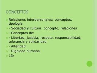 CONCEPTOS
 Relaciones interpersonales: conceptos,
tipología.
 · Sociedad y cultura: concepto, relaciones
 · Conceptos de:
 · Libertad, justicia, respeto, responsabilidad,
tolerancia y solidaridad
 · Alteridad
 · Dignidad humana
 13/
 