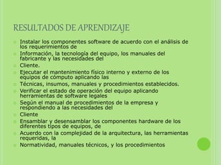 RESULTADOS DE APRENDIZAJE
 Instalar los componentes software de acuerdo con el análisis de
los requerimientos de
 Información, la tecnología del equipo, los manuales del
fabricante y las necesidades del
 Cliente.
 Ejecutar el mantenimiento físico interno y externo de los
equipos de cómputo aplicando las
 Técnicas, insumos, manuales y procedimientos establecidos.
 Verificar el estado de operación del equipo aplicando
herramientas de software legales
 Según el manual de procedimientos de la empresa y
respondiendo a las necesidades del
 Cliente
 Ensamblar y desensamblar los componentes hardware de los
diferentes tipos de equipos, de
 Acuerdo con la complejidad de la arquitectura, las herramientas
requeridas, la
 Normatividad, manuales técnicos, y los procedimientos
 