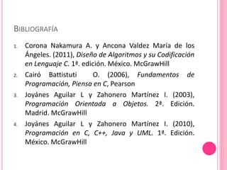 BIBLIOGRAFÍA
1. Corona Nakamura A. y Ancona Valdez María de los
Ángeles. (2011), Diseño de Algoritmos y su Codificación
en Lenguaje C. 1ª. edición. México. McGrawHill
2. Cairó Battistuti O. (2006), Fundamentos de
Programación, Piensa en C, Pearson
3. Joyánes Aguilar L y Zahonero Martínez I. (2003),
Programación Orientada a Objetos. 2ª. Edición.
Madrid. McGrawHill
4. Joyánes Aguilar L y Zahonero Martínez I. (2010),
Programación en C, C++, Java y UML. 1ª. Edición.
México. McGrawHill
 