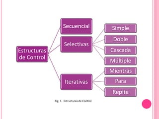 Estructuras
de Control
Secuencial
Selectivas
Simple
Doble
Cascada
Múltiple
Iterativas
Mientras
Para
Repite
Fig. 1. Estructuras de Control
 
