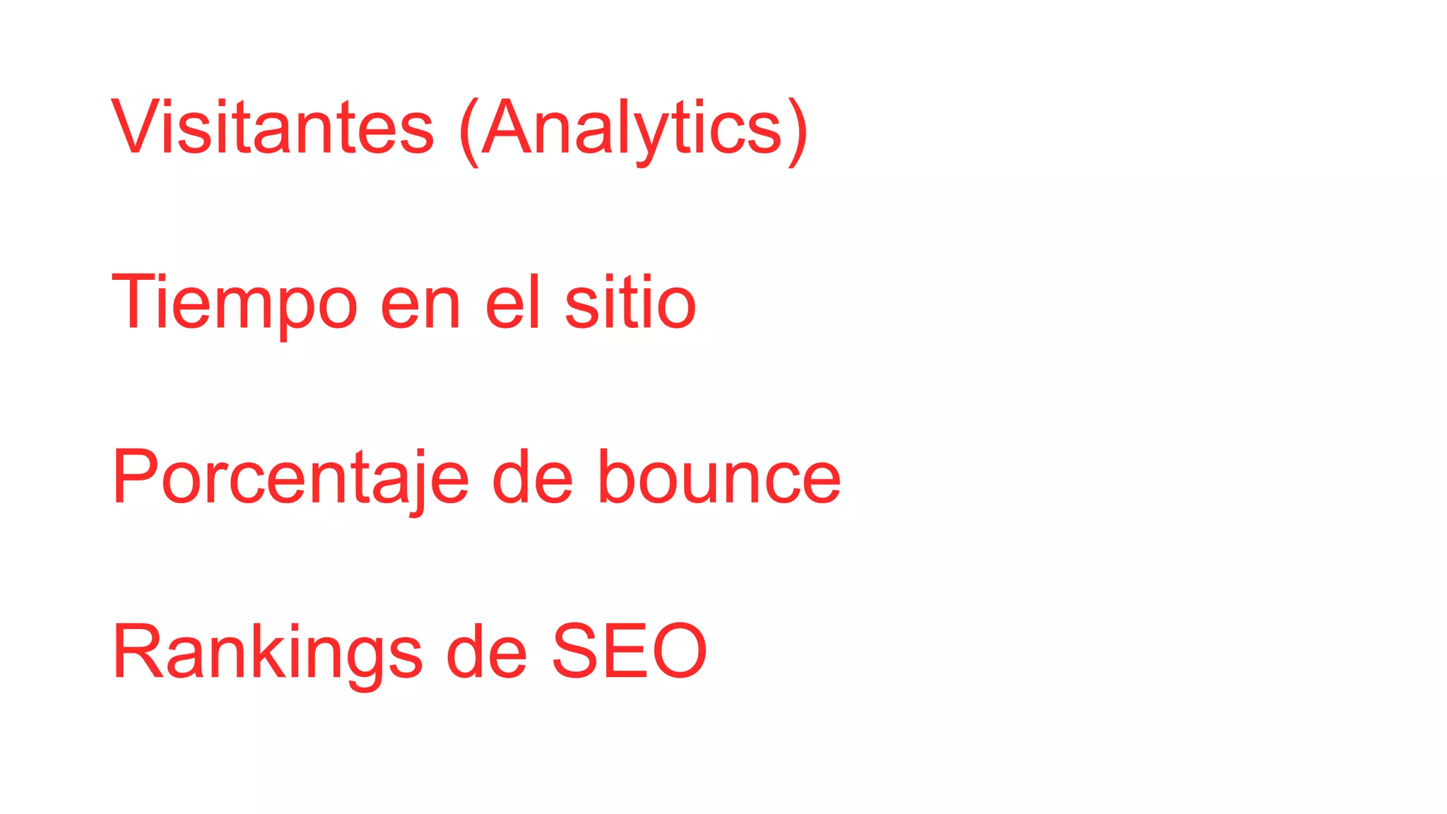 Visitantes (Analytics)
Tiempo en el sitio
Porcentaje de bounce
Rankings de SEO