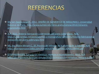  Ma San Zapata Jorge F., 2012, DISEÑO DE ELEMENTOS DE MÁQUINAS I, Universidad
Nacional de Piura, http://www.eumed.net/libros-gratis/ciencia/2013/14/acero-
propiedades.html
 A.A, 2012, Historia fabricación y extracción del acero (siderurgia), N/A,
http://www.taringa.net/post/apuntes-y-monografias/10892691/Historia-fabricacion-y-
extraccion-del-acero-siderurgia.html
 Ms. Ing. Marin Miriam C., SF, Proceso de refinado de la alumina de la bauxita, N/A
http://marinponsasociados.com/PDFINDUSTRIA/EXTRACCIONALUMINA.pdf
 GTM INGENIERÍA, Estructuras metálicas ventajas e inconvenientes, 2012, N/A
http://gtmingenieria.blogspot.com.co/2012/03/estructuras-metalicas-ventajas-e.html
 