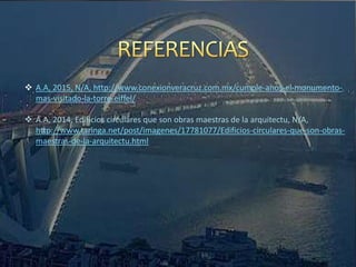  A.A, 2015, N/A, http://www.conexionveracruz.com.mx/cumple-anos-el-monumento-
mas-visitado-la-torre-eiffel/
 A.A, 2014, Edificios circulares que son obras maestras de la arquitectu, N/A,
http://www.taringa.net/post/imagenes/17781077/Edificios-circulares-que-son-obras-
maestras-de-la-arquitectu.html
 