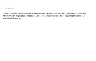 CONCLUSION: 
Como conclusión tenemos que los arboles son algo parecido a los nodos y lo que hacen es realizar la 
Administración de grupos de nodos que van a tener una jerarquía de datos y apuntadores donde se 
Maneja la información. 