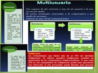 Multiproceso
Las computadoras que tienen más de un CPU son llamadas
multiproceso. Un sistema operativo multiproceso coordina las
operaciones de las computadoras multiprocesadoras. Ya que cada
CPU en una computadora de multiproceso puede estar ejecutando
una instrucción, el otro procesador queda liberado para procesar
otras instrucciones simultáneamente.
 