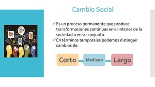 Es un proceso permanente que produce
transformaciones continuas en el interior de la
sociedad o en su conjunto.
En términos temporales podemos distinguir
cambios de:
Cambio Social
 