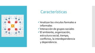 Características
Analizan los vínculos formales e
informales
Interacción de grupos sociales
El ambiente, organización,
estructura social, tiempo,
conflictos, la interdependencia
y dependencia.
 