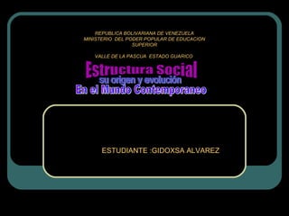 REPUBLICA BOLIVARIANA DE VENEZUELA
MINISTERIO DEL PODER POPULAR DE EDUCACION
SUPERIOR
VALLE DE LA PASCUA ESTADO GUARICO
ESTUDIANTE :GIDOXSA ALVAREZ
20 MAYO 2018
 