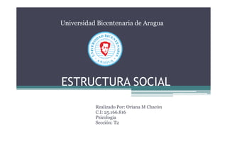 ESTRUCTURA SOCIAL
Realizado Por: Oriana M Chacón
C.I: 25.166.816
Psicología
Sección: T2
Universidad Bicentenaria de Aragua
 