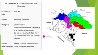 Procesión en el poblado de San Juan
Chamula
Población
total
226, 681
Idioma Tzotzil y Español
Religión Cristianismo,
predo...