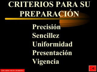 CRITERIOS PARA SU
PREPARACIÓN
Precisión
Sencillez
Uniformidad
Presentación
Vigencia
EDGARDO MEJIA HERRERAEDGARDO MEJIA HERRERA
 