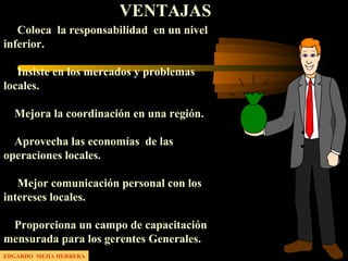 VENTAJAS
Coloca la responsabilidad en un nivel
inferior.
Insiste en los mercados y problemas
locales.
Mejora la coordinación en una región.
Aprovecha las economías de las
operaciones locales.
Mejor comunicación personal con los
intereses locales.
Proporciona un campo de capacitación
mensurada para los gerentes Generales.
EDGARDO MEJIA HERRERA
 