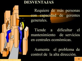 DESVENTAJAS
Requiere de más personas
con capacidad de gerentes
generales.
Tiende a dificultar el
mantenimiento de servicios
en centrales económicas.
Aumenta el problema de
control de la alta dirección.
EDGARDO MEJIA HERRERA
 