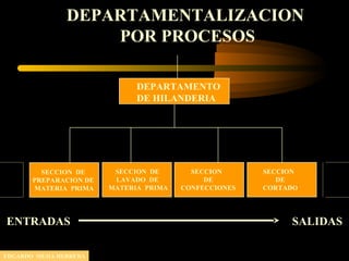 DEPARTAMENTALIZACION
POR PROCESOS
DEPARTAMENTO
DE HILANDERIA
SECCION DE
PREPARACION DE
MATERIA PRIMA
SECCION DE
LAVADO DE
MATERIA PRIMA
SECCION
DE
CONFECCIONES
SECCION
DE
CORTADO
ENTRADAS SALIDAS
EDGARDO MEJIA HERRERA
 