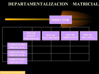 DEPARTAMENTALIZACION MATRICIAL
DIRECTOR
JEFE DE
MECANICA
JEFE DE
ELECTRICIDAD
JEFE DE
HIDRAULICA
JEFE DE
DISEÑO
PRELIMINAR
GERENTE DEL
PROYECTO A.
GERENTE DEL
PROYECTO B.
GERENTE DEL
PROYECTO C.
EDGARDO MEJIA HERRERA
 