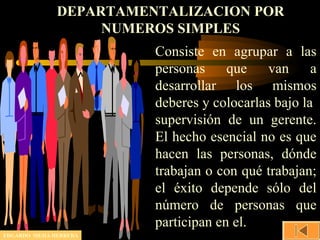 DEPARTAMENTALIZACION POR
NUMEROS SIMPLES
Consiste en agrupar a las
personas que van a
desarrollar los mismos
deberes y colocarlas bajo la
supervisión de un gerente.
El hecho esencial no es que
hacen las personas, dónde
trabajan o con qué trabajan;
el éxito depende sólo del
número de personas que
participan en el.
EDGARDO MEJIA HERRERA
 