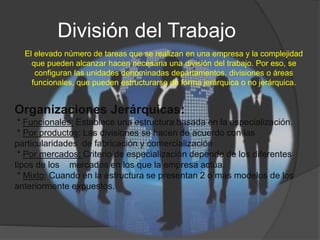 División del Trabajo
El elevado número de tareas que se realizan en una empresa y la complejidad
que pueden alcanzar hacen necesaria una división del trabajo. Por eso, se
configuran las unidades denominadas departamentos, divisiones o áreas
funcionales, que pueden estructurarse de forma jerárquica o no jerárquica.
Organizaciones Jerárquicas:
* Funcionales: Establece una estructura basada en la especialización.
* Por productos: Las divisiones se hacen de acuerdo con las
particularidades de fabricación y comercialización
* Por mercados: Criterio de especialización depende de los diferentes
tipos de los mercados en los que la empresa actúa.
* Mixto: Cuando en la estructura se presentan 2 o mas modelos de los
anteriormente expuestos.
 