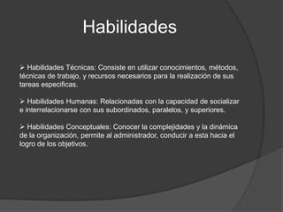 Habilidades
 Habilidades Técnicas: Consiste en utilizar conocimientos, métodos,
técnicas de trabajo, y recursos necesarios para la realización de sus
tareas especificas.
 Habilidades Humanas: Relacionadas con la capacidad de socializar
e interrelacionarse con sus subordinados, paralelos, y superiores.
 Habilidades Conceptuales: Conocer la complejidades y la dinámica
de la organización, permite al administrador, conducir a esta hacia el
logro de los objetivos.
 