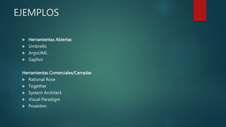 EJEMPLOS
 Herramientas Abiertas
 Umbrello
 ArgoUML
 Gaphor
Herramientas Comerciales/Cerradas
 Rational Rose
 Together
 System Architect
 Visual Paradigm
 Poseidon
 