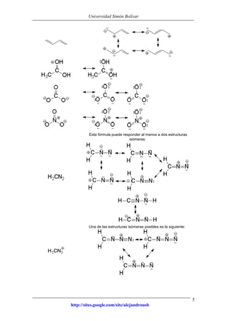 Universidad Simón Bolívar
http://sites.google.com/site/alejandrousb
5
Esta fórmula puede responder al menos a dos estructuras
isómeras:
Una de las estructuras isómeras posibles es la siguiente:
 
