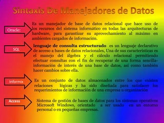 Es un manejador de base de datos relacional que hace uso de
Oracle:     los recursos del sistema informático en todas las arquitecturas de
            hardware, para garantizar su aprovechamiento al máximo en
            ambientes cargados de información.
            lenguaje de consulta estructurado es un lenguaje declarativo
   SQL      de acceso a bases de datos relacionales, Una de sus características es
            el manejo del álgebra y el cálculo relacional permitiendo
            efectuar consultas con el fin de recuperar de una forma sencilla-
            información de interés de una base de datos, así como también
            hacer cambios sobre ella.

 Informix    Es un conjunto de datos almacenados entre los que existen
             relaciones   lógicas y ha sido diseñada para satisfacer los
             requerimientos de información de una empresa u organización

Access        Sistema de gestión de bases de datos para los sistemas operativos
              Microsoft Windows, orientado a ser usado en un entorno
              personal o en pequeñas empresas.
 