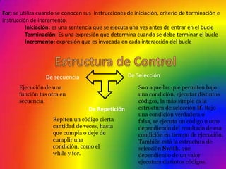 For: se utiliza cuando se conocen sus instrucciones de iniciación, criterio de terminación e
instrucción de incremento.
          Iniciación: es una sentencia que se ejecuta una ves antes de entrar en el bucle
          Terminación: Es una expresión que determina cuando se debe terminar el bucle
          Incremento: expresión que es invocada en cada interacción del bucle




                  De secuencia                       De Selección
       Ejecución de una                                  Son aquellas que permiten bajo
       función tas otra en                               una condición, ejecutar distintos
       secuencia.                                        códigos, la más simple es la
                                    De Repetición        estructura de selección If. Bajo
                                                         una condición verdadera o
                     Repiten un código cierta            falsa, se ejecuta un código u otro
                     cantidad de veces, hasta            dependiendo del resultado de esa
                     que cumpla o deje de                condición en tiempo de ejecución.
                     cumplir una                         También está la estructura de
                     condición, como el                  selección Swith, que
                     while y for.                        dependiendo de un valor
                                                         ejecutara distintos códigos.
 