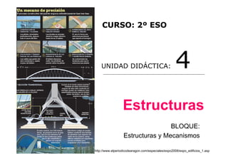 CURSO: 2º ESO




    UNIDAD DIDÁCTICA:                               4
                  Estructuras
                                  BLOQUE:
                  Estructuras y Mecanismos

http://www.elperiodicodearagon.com/especiales/expo2008/expo_edificios_1.asp
 