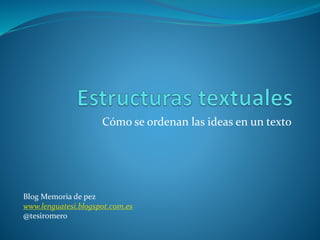 Cómo se ordenan las ideas en un texto
Blog Memoria de pez
www.lenguatesi.blogspot.com.es
@tesiromero
 