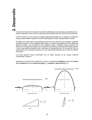 29
2.Desarrollo
RAh RBh RAh
El arco es en esencia una estructura comprimida utilizada para cubrir grandes y pequeñas luces, y
puede considerarse como uno de los elementos estructurales básicos en todo tipo de arquitectura.
La forma ideal de un arco capaz de resistir cargas determinadas por un estado de compresión
simple, pueden hallarse siempre con la forma del polígono funicular correspondiente invertido.
El método que utilizó Gaudí para establecer la forma de sus obras fue una compleja y laboriosa
maqueta funicular de hilos colgados traccionados con pesos representativos de las diferentes
partes del edificio, cuya inversión de 180°, mediante croquis o fotografía, daba la posición y la
dirección en el espacio de los ejes de los elementos constructivos exclusivamente lineales, pilares
o arcos, que estarían sometidos sólo a esfuerzos de compresión pura. En el paso del hilo a la
materia genera los elementos portantes con una corporeidad suficiente para no sufrir los efectos
del pandeo.
Los arcos generan fuerzas horizontales que se deben absorber en los apoyos mediante
contrafuertes o tensores.
Analicemos la variación de los esfuerzos en el arco, manteniendo constantes el valor de la fuerza
(F) y la distancia entre los puntos de apoyo ( l ), variando la altura del arco ( h )
Empuje = 8
Polígono de fuerzas
Mitad de
la carga
flecha del arco =1/8 Luz del arco
Luz
2
Lq
V
⋅
=
2
Lq
V
⋅
=
Carga
“q”
Esquema estructural
flecha del arco = Luz del arco
Luz
2
Lq
V
⋅
=
2
Lq
V
⋅
=
Carga
“q”
Empuje = 1
Polígono de fuerzas
Mitad de
la carga
Esquema estructural
RAv= p.l/2
Carga p
Carga p
RAv= p.l/2
l
2
.lp
RAv =
RAh
2
.lp
RAv =
l
RAh
 