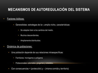 MECANISMOS DE AUTOREGULACIÓN DEL SISTEMA
• Factores bióticos:
• Generalistas: estrategas de la r, amplio nicho, características:
• Se adaptan bien a los cambios del medio.
• Muchos descendientes.
• Ampliamente distribuidos.
• Dinámica de poblaciones:
• Una población depende de sus relaciones intraespecíficas:
• Familiares: monógama o polígama
• Poblacionales: coloniales, gregarias y estatales.
• Con consecuencias + (protección) y – (misma comida y territorio)
 