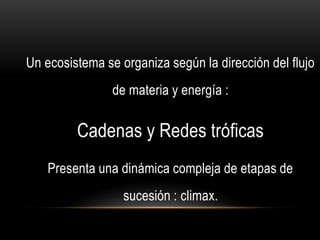 Un ecosistema se organiza según la dirección del flujo
de materia y energía :
Cadenas y Redes tróficas
Presenta una dinámica compleja de etapas de
sucesión : climax.
 