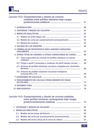 Lección 15.2: Comportamiento y diseño de uniones
soldadas entre perfiles tubulares bajo cargas
predominantes estáticas ................................................. 57
1 INTRODUCCIÓN ............................................................................................ 60
2 CRITERIOS Y MODOS DE COLAPSO ......................................................... 61
3 MODELOS ANALÍTICOS .............................................................................. 63
3.1 Modelo de anillo (figura 3a) ................................................................. 63
3.2 Modelo de corte por punzonamiento (arrancamiento) ...................... 64
3.3 Modelo de cortante ............................................................................... 65
4 VALIDEZ DE LOS ENSAYOS ........................................................................ 66
5 FÓRMULAS DE RESISTENCIA PARA UNIONES CARGADAS
AXIALMENTE ................................................................................................ 67
6 OTROS TIPOS DE UNIONES U OTRAS CONDICIONES DE CARGA ........ 69
6.1 Tipos especiales de uniones de perfiles tubulares circulares
soldados ................................................................................................. 69
6.2 Chapa o perfil I conectado a cordones de perfil tubular circular .... 69
6.3 Uniones de perfiles tubulares circulares cargadas por momentos
flectores ................................................................................................. 69
6.4 Uniones de perfiles tubulares circulares multiplano
(uniones KK y TT) ................................................................................. 69
7 DIAGRAMAS DE CÁLCULO ......................................................................... 75
8 PROCEDIMIENTO DE CÁLCULO PARA UNIONES DE VIGAS
EN CELOSÍA .................................................................................................. 77
9 RESUMEN FINAL .......................................................................................... 78
10 BIBLIOGRAFÍA .............................................................................................. 78
Lección 15.3: Comportamiento y diseño de uniones soldadas
entre perfiles tubulares rectangulares bajo cargas
predominantemente estáticas ........................................ 79
1 CRITERIOS Y MODOS DE COLAPSO .......................................................... 83
2 MODELOS ANALÍTICOS ................................................................................ 85
2.1 Modelo de las líneas de fluencia ......................................................... 85
2.2 Modelo del corte por punzonamiento (arrancamiento) ..................... 86
2.3 Modelo del ancho eficaz de la barra de relleno ................................. 87
III
ÍNDICE
 