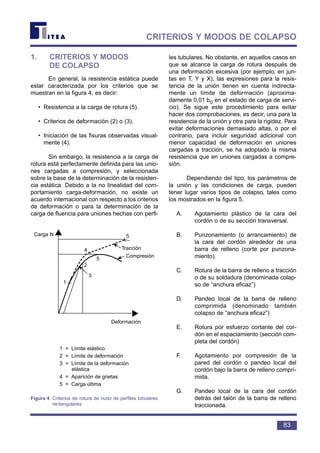 1. CRITERIOS Y MODOS
DE COLAPSO
En general, la resistencia estática puede
estar caracterizada por los criterios que se
muestran en la figura 4, es decir:
• Resistencia a la carga de rotura (5).
• Criterios de deformación (2) o (3).
• Iniciación de las fisuras observadas visual-
mente (4).
Sin embargo, la resistencia a la carga de
rotura está perfectamente definida para las unio-
nes cargadas a compresión, y seleccionada
sobre la base de la determinación de la resisten-
cia estática. Debido a la no linealidad del com-
portamiento carga-deformación, no existe un
acuerdo internacional con respecto a los criterios
de deformación o para la determinación de la
carga de fluencia para uniones hechas con perfi-
les tubulares. No obstante, en aquellos casos en
que se alcance la carga de rotura después de
una deformación excesiva (por ejemplo, en jun-
tas en T, Y y X), las expresiones para la resis-
tencia de la unión tienen en cuenta indirecta-
mente un límite de deformación (aproxima-
damente 0,01 b0 en el estado de carga de servi-
cio). Se sigue este procedimiento para evitar
hacer dos comprobaciones, es decir, una para la
resistencia de la unión y otra para la rigidez. Para
evitar deformaciones demasiado altas, o por el
contrario, para incluir seguridad adicional con
menor capacidad de deformación en uniones
cargadas a tracción, se ha adoptado la misma
resistencia que en uniones cargadas a compre-
sión.
Dependiendo del tipo, los parámetros de
la unión y las condiciones de carga, pueden
tener lugar varios tipos de colapso, tales como
los mostrados en la figura 5.
A. Agotamiento plástico de la cara del
cordón o de su sección transversal.
B. Punzonamiento (o arrancamiento) de
la cara del cordón alrededor de una
barra de relleno (corte por punzona-
miento).
C. Rotura de la barra de relleno a tracción
o de su soldadura (denominada colap-
so de “anchura eficaz”)
D. Pandeo local de la barra de relleno
comprimida (denominado también
colapso de “anchura eficaz”)
E. Rotura por esfuerzo cortante del cor-
dón en el espaciamiento (sección com-
pleta del cordón)
F. Agotamiento por compresión de la
pared del cordón o pandeo local del
cordón bajo la barra de relleno compri-
mida.
G. Pandeo local de la cara del cordón
detrás del talón de la barra de relleno
traccionada.
83
CRITERIOS Y MODOS DE COLAPSO
Carga N
Tracción
Compresión
Deformación
1
2
3
4
5
1 = Límite elástico
2 = Límite de deformación
3 = Límite de la deformación
elástica
4 = Aparición de grietas
5 = Carga última
5
Figura 4 Criterios de rotura de nudo de perfiles tubulares
rectangulares
 