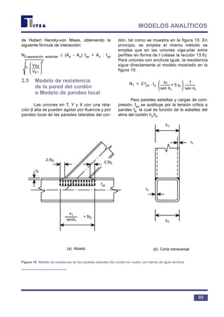 de Hubert Hencky-von Mises, obteniendo la
siguiente fórmula de interacción:
N0,separación estándar ≤ (Ao - Av) fyo + Av . fyo
2.5 Modelo de resistencia
de la pared del cordón
o Modelo de pandeo local
Las uniones en T, Y y X con una rela-
ción β alta se pueden agotar por fluencia y por
pandeo local de las paredes laterales del cor-
dón, tal como se muestra en la figura 10. En
principio, se emplea el mismo método se
emplea que en las uniones viga-pilar entre
perfiles en forma de I (véase la lección 13.6).
Para uniones con anchura igual, la resistencia
sigue directamente al modelo mostrado en la
figura 10:
N1 = 2 fyo . to
Para paredes esbeltas y cargas de com-
presión, fyo se sustituye por la tensión crítica a
pandeo fk, la cual es función de la esbeltez del
alma del cordón ho/to.
θ






θ 1
o
1
1
sin
1
.t5+
sin
h








V
V
-1
p
Sd
2
l
89
MODELOS ANALÍTICOS
2,5t0 2,5t0
t0
t1
t1
b1
b1
fyo
h1
senθ1
+ 5t0
(a) Alzado (b) Corte transversal
Figura 10 Modelo de resistencia de las paredes laterales del cordón en nudos con barras de igual anchura
sen θ1 sen θ1
 
