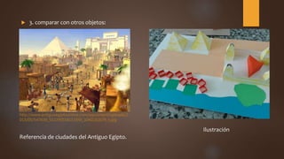  3. comparar con otros objetos:
Referencia de ciudades del Antiguo Egipto.
Ilustración
http://www.antiguoegiptoonline.com/wpcontent/uploads/2
013/05/547630_552240558153345_1040232679_n.jpg
 