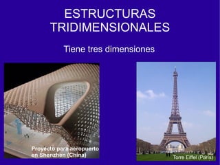 ESTRUCTURAS
      TRIDIMENSIONALES
           Tiene tres dimensiones




Proyecto para aeropuerto
en Shenzhen (China)                 Torre Eiffel (París)
 