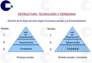 ESTRUCTURA, TECNOLOGÍA Y PERSONAS Proceso escalar División escalar y funcional Niveles 3 2 1 División de la mano de obra según el proceso escalar y la funcionalización Niveles 3 2 1 Empleados Supervisores Jefe  de  Departamento Empleados Supervisores Jefe  de  Departamento 